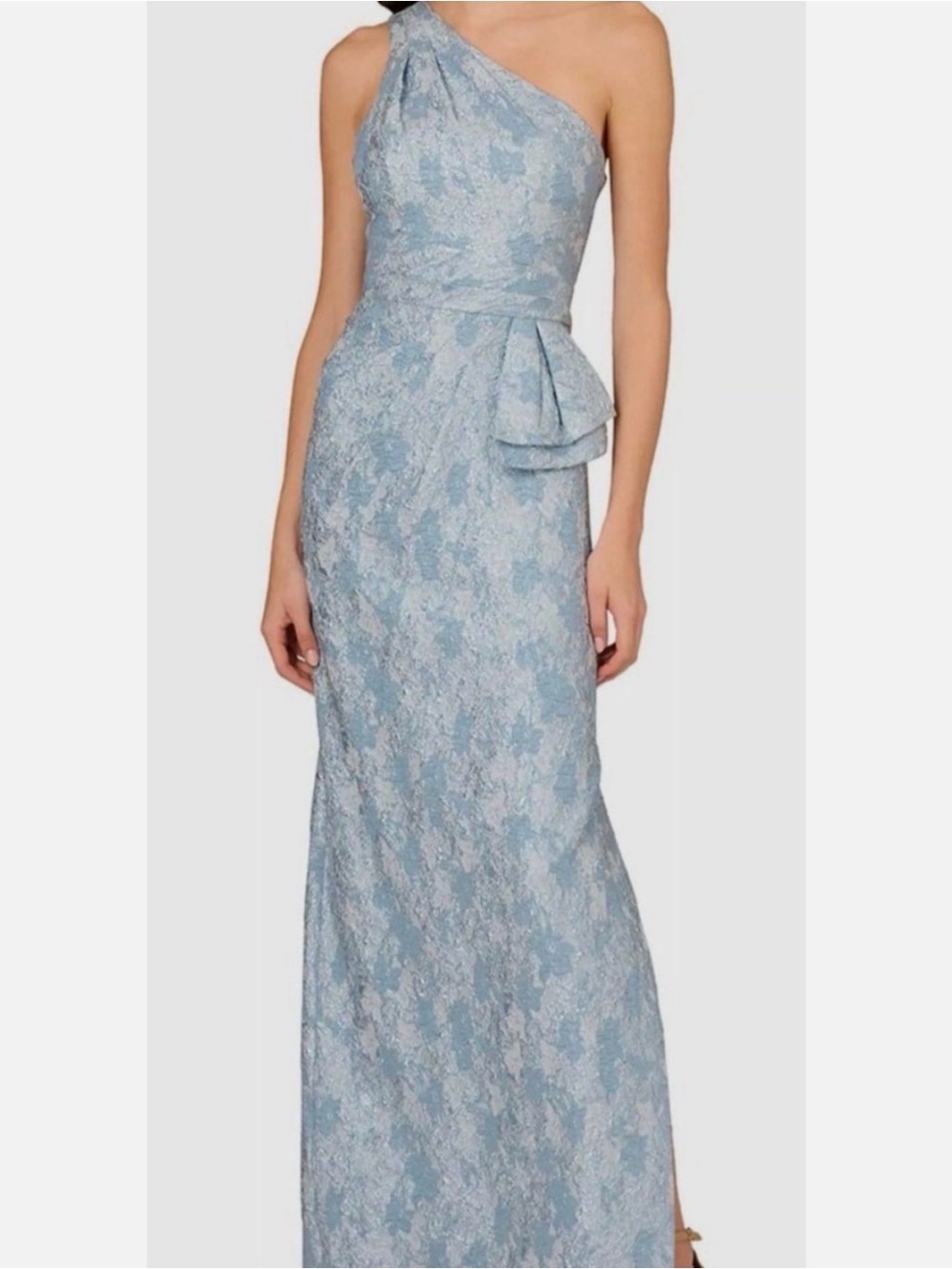 Aidan Mattox One-Shoulder Pale Blue Jacquard Evening Gown